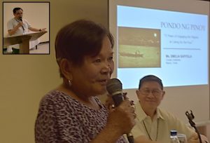 Miss Emelia Sapitula, a street sweeper shares her stories on collecting 25 cents during the Pondo ng Pinoy’s 15th General Assembly looking and smiling at her is outgoing Manila Archbishop Luis Antonio Cardinal Tagle. Inset is Pondo ng Pinoy Priest Coordinator of the Diocese of San Pablo, Fr. Noel Conopio. (Yen Ocampo, PnPCFI News)